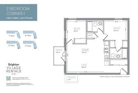 Floor plan for 2 beds, 2 baths, 764 sqft